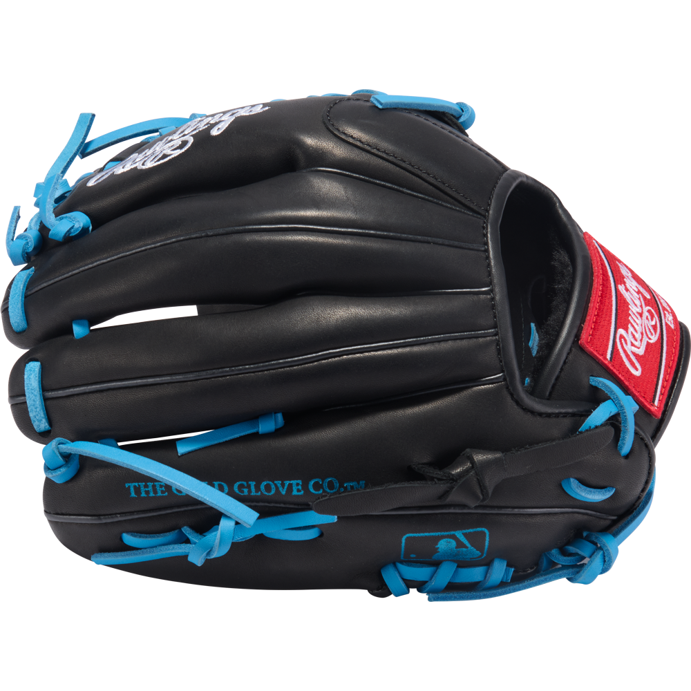 The Rawlings R9 11.5" ContoUR Baseball Glove (R9115U-4BCB) is a black all-leather youth infield glove with blue laces, a red Rawlings logo patch, and “THE GOLD GLOVE CO.” printed in blue on the side.