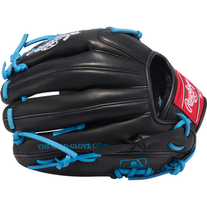 The Rawlings R9 11.5" ContoUR Baseball Glove (R9115U-4BCB) is a black all-leather youth infield glove with blue laces, a red Rawlings logo patch, and “THE GOLD GLOVE CO.” printed in blue on the side.