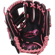 The Rawlings R9 11.5" Baseball Glove (R9204-2BP) features a black design with pink laces and stitching, plus pink R9 Series and Rawlings logos on the palm—perfect for young infielders who want style and performance.