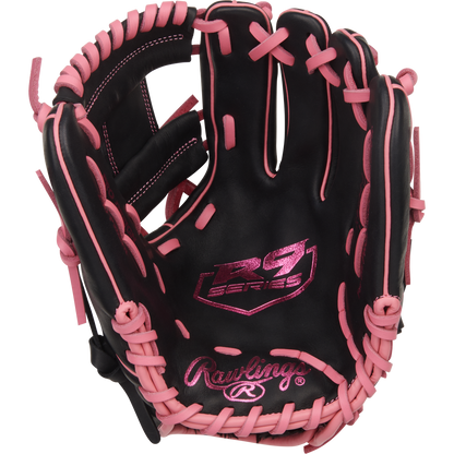 The Rawlings R9 11.5" Baseball Glove (R9204-2BP) features a black design with pink laces and stitching, plus pink R9 Series and Rawlings logos on the palm—perfect for young infielders who want style and performance.