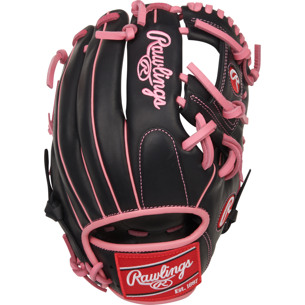 The Rawlings R9 11.5" Baseball Glove (R9204-2BP) is a stylish youth infield glove in black with pink laces and accents, featuring the Rawlings logo in white and red on the wrist strap—perfect for young players.