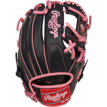 The Rawlings R9 11.5" Baseball Glove (R9204-2BP) is a stylish youth infield glove in black with pink laces and accents, featuring the Rawlings logo in white and red on the wrist strap—perfect for young players.