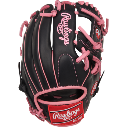 The Rawlings R9 11.5" Baseball Glove (R9204-2BP) is a stylish youth infield glove in black with pink laces and accents, featuring the Rawlings logo in white and red on the wrist strap—perfect for young players.
