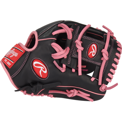 The Rawlings R9 11.5" Baseball Glove: R9204-2BP is a black youth infield glove with pink lacing and accents, plus Rawlings logos on the wrist and thumb, shown on a white background.