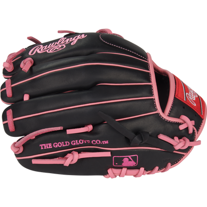 The Rawlings R9 11.5" Baseball Glove (R9204-2BP) features a black design with pink laces, trim, logos, GOLD GLOVE CO. text, and MLB logo—ideal for youth infielders who want standout style and top performance.