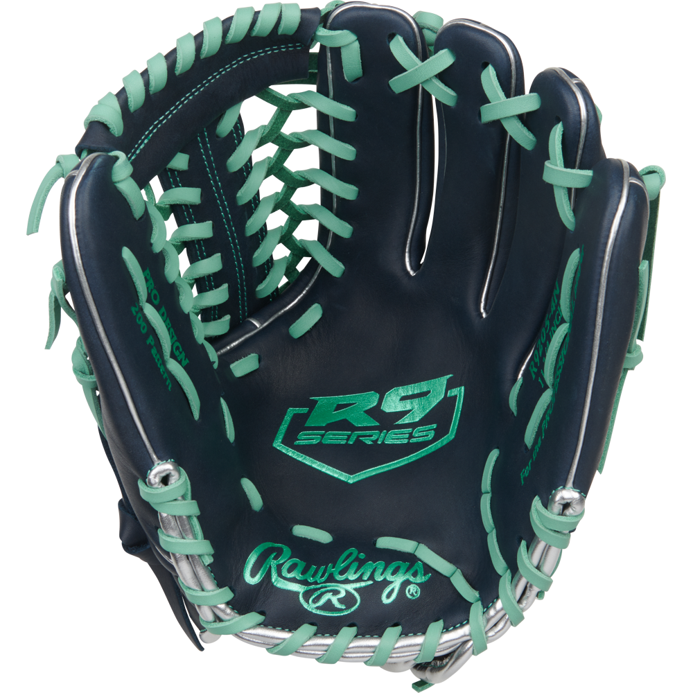 The Rawlings R9 11.75" Baseball Glove (R9205-4N) features a navy blue design with light teal lacing, RS Series palm logo, and Rawlings stitched on the wrist, highlighting its open webbing and interior details.