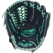 The Rawlings R9 11.75" Baseball Glove (R9205-4N) features a navy blue design with light teal lacing, RS Series palm logo, and Rawlings stitched on the wrist, highlighting its open webbing and interior details.