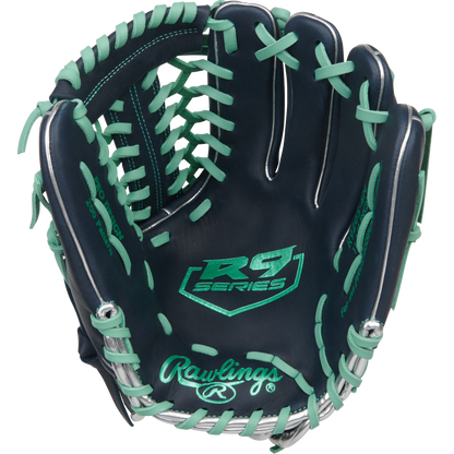 The Rawlings R9 11.75" Baseball Glove (R9205-4N) features a navy blue design with light teal lacing, RS Series palm logo, and Rawlings stitched on the wrist, highlighting its open webbing and interior details.