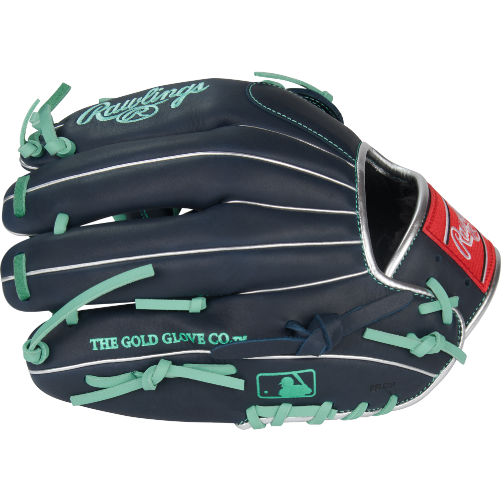 The Rawlings R9 11.75" Baseball Glove (R9205-4N) features a dark blue design with teal laces, white trim, and a red Rawlings patch. "THE GOLD GLOVE CO." and the MLB logo are printed on the side in teal for standout style and performance.
