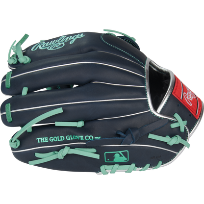 The Rawlings R9 11.75" Baseball Glove (R9205-4N) features a dark blue design with teal laces, white trim, and a red Rawlings patch. "THE GOLD GLOVE CO." and the MLB logo are printed on the side in teal for standout style and performance.