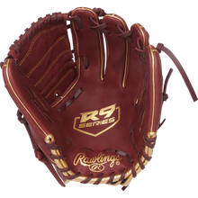 The Rawlings R9 12" Baseball Glove (R9206-9SH) features stylish maroon and gold accents, visible padding and laces, plus signature Rawlings branding—perfect for players seeking a high-performance glove.