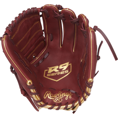 The Rawlings R9 12" Baseball Glove (R9206-9SH) features stylish maroon and gold accents, visible padding and laces, plus signature Rawlings branding—perfect for players seeking a high-performance glove.