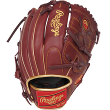 The Rawlings R9 12" Baseball Glove (R9206-9SH) features brown leather with gold and red accents, visible stitching, and the Rawlings logo on the wrist strap and glove back.