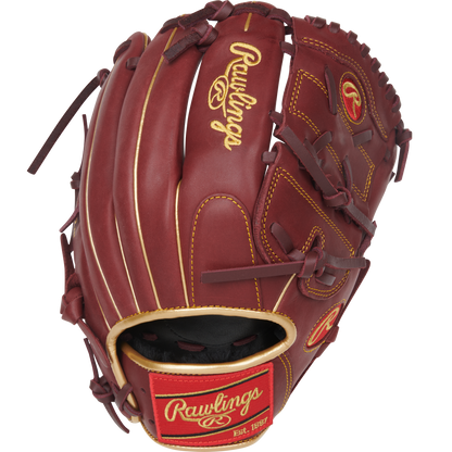 The Rawlings R9 12" Baseball Glove (R9206-9SH) features brown leather with gold and red accents, visible stitching, and the Rawlings logo on the wrist strap and glove back.