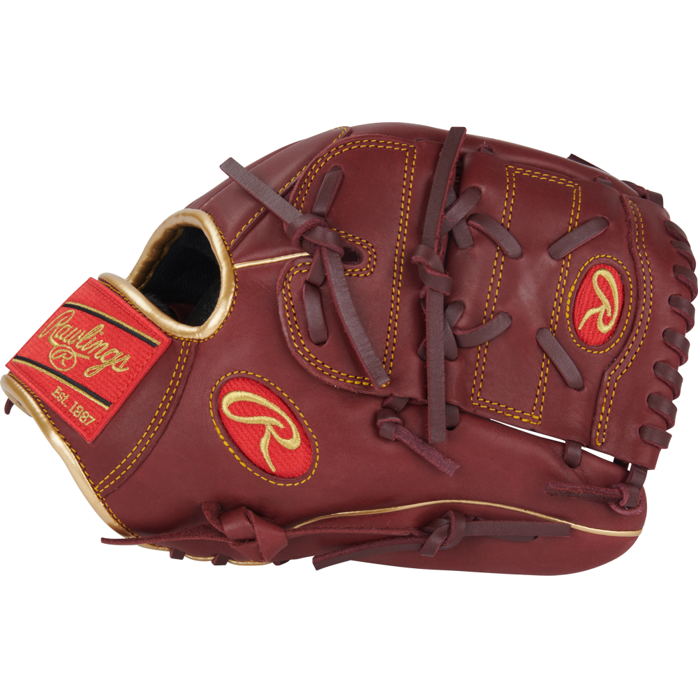 The Rawlings R9 12" Baseball Glove (R9206-9SH) features a brown design with red and yellow accents, visible stitching, and Rawlings logos on the wrist strap and thumb. The glove is closed and shown against a plain white background.