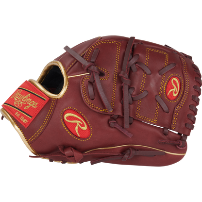 The Rawlings R9 12" Baseball Glove (R9206-9SH) features a brown design with red and yellow accents, visible stitching, and Rawlings logos on the wrist strap and thumb. The glove is closed and shown against a plain white background.