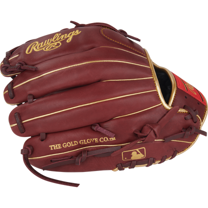 The Rawlings R9 12" Baseball Glove (R9206-9SH) is shown on a white background, featuring brown leather, yellow stitching, gold Rawlings logos including THE GOLD GLOVE CO. and the MLB logo—ideal for serious youth players.