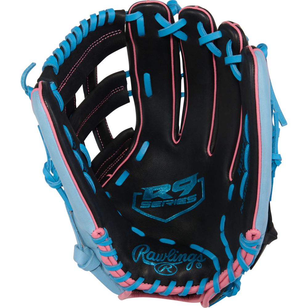 The Rawlings R9 12.75" Baseball Glove (R93029-6BP) features a black design with blue and pink laces plus colorful accents, offering youth outfielders eye-catching style and top Rawlings performance.
