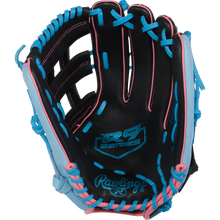 The Rawlings R9 12.75" Baseball Glove (R93029-6BP) features a black design with blue and pink laces plus colorful accents, offering youth outfielders eye-catching style and top Rawlings performance.