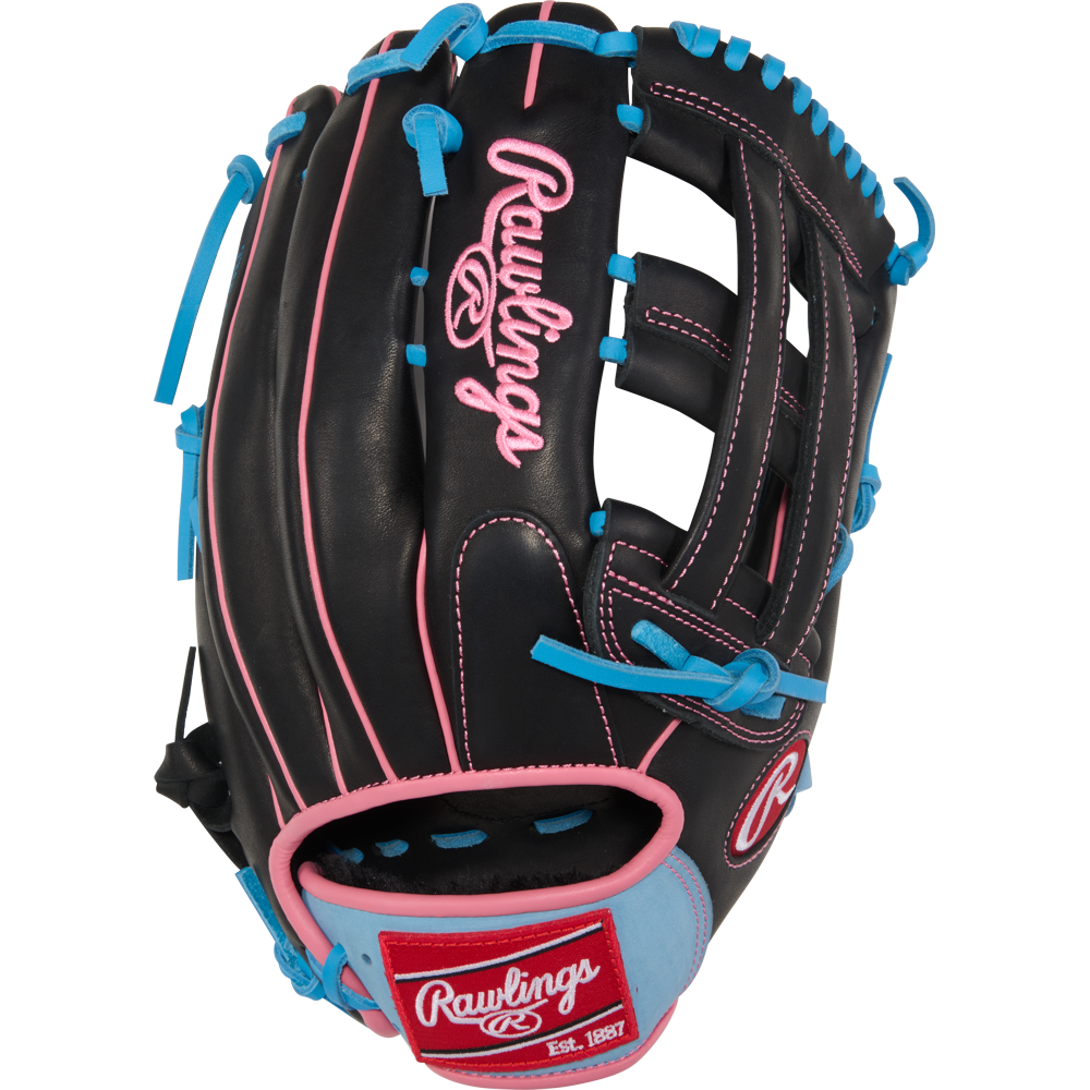 The Rawlings R9 12.75" Baseball Glove (R93029-6BP) features a striking black and pink design, making it an ideal youth outfield glove that delivers both style and top performance.