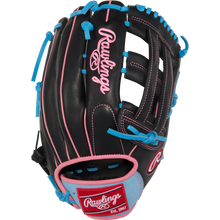 The Rawlings R9 12.75" Baseball Glove (R93029-6BP) features a striking black and pink design, making it an ideal youth outfield glove that delivers both style and top performance.
