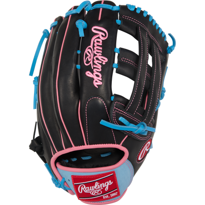 The Rawlings R9 12.75" Baseball Glove (R93029-6BP) features a striking black and pink design, making it an ideal youth outfield glove that delivers both style and top performance.