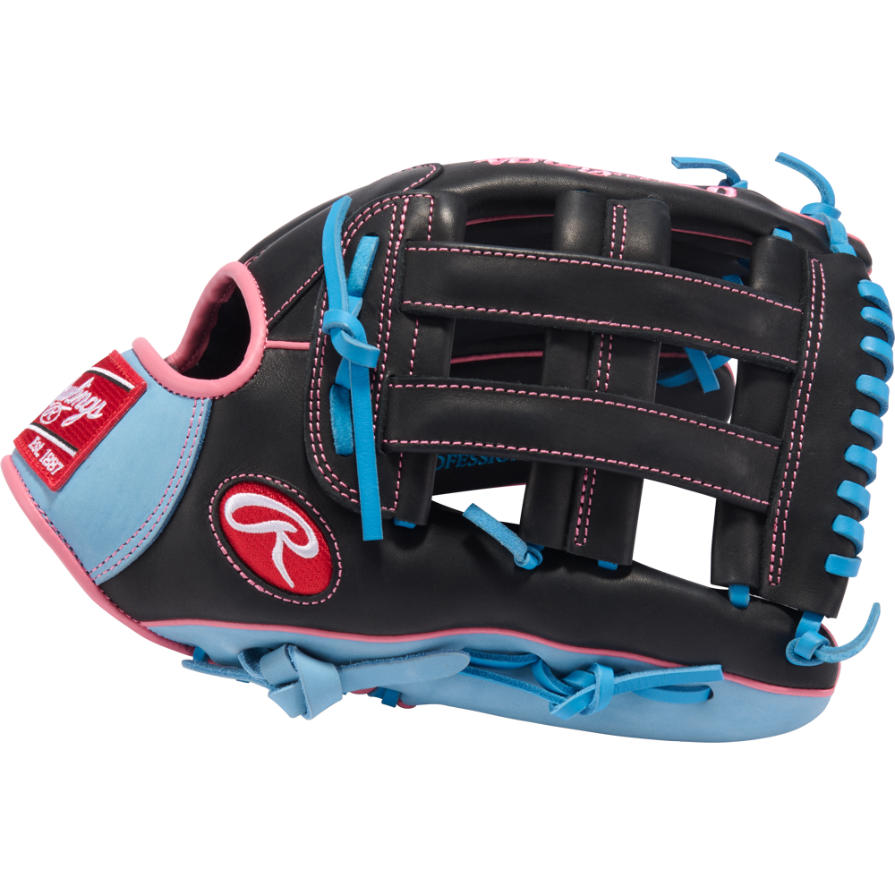 The Rawlings R9 12.75" Baseball Glove (R93029-6BP) features a black design with pink stitching, light blue laces, and blue/pink accents—ideal as a youth outfield glove for players who want both style and top Rawlings performance.