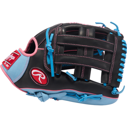 The Rawlings R9 12.75" Baseball Glove (R93029-6BP) features a black design with pink stitching, light blue laces, and blue/pink accents—ideal as a youth outfield glove for players who want both style and top Rawlings performance.