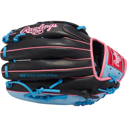 The Rawlings R9 12.75" Baseball Glove (R93029-6BP) is black with pink accents, light blue laces, a pink Rawlings logo, and "THE GOLD GLOVE CO." in gold on the side.