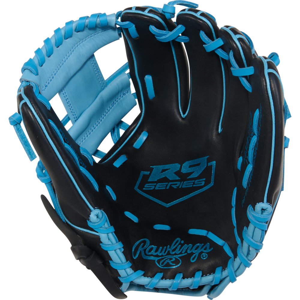 The Rawlings R9 11.5" Baseball Glove (R9314-2BCB) features a black design with light blue laces and Rawlings branding, making it perfect for youth players seeking style and dependable on-field performance.