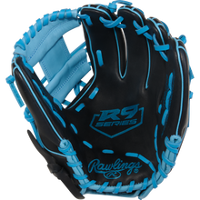 The Rawlings R9 11.5" Baseball Glove (R9314-2BCB) features a black design with light blue laces and Rawlings branding, making it perfect for youth players seeking style and dependable on-field performance.