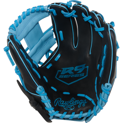 The Rawlings R9 11.5" Baseball Glove (R9314-2BCB) features a black design with light blue laces and Rawlings branding, making it perfect for youth players seeking style and dependable on-field performance.