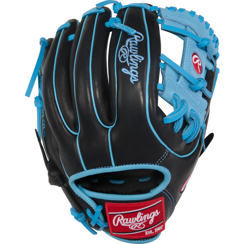 The Rawlings R9 11.5" Baseball Glove (R9314-2BCB) features a black design with blue laces and trim, white Rawlings logos on the palm and back, plus a red patch near the wrist—ideal for youth players wanting style and performance.