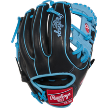 The Rawlings R9 11.5" Baseball Glove (R9314-2BCB) features a black design with blue laces and trim, white Rawlings logos on the palm and back, plus a red patch near the wrist—ideal for youth players wanting style and performance.