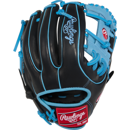 The Rawlings R9 11.5" Baseball Glove (R9314-2BCB) features a black design with blue laces and trim, white Rawlings logos on the palm and back, plus a red patch near the wrist—ideal for youth players wanting style and performance.
