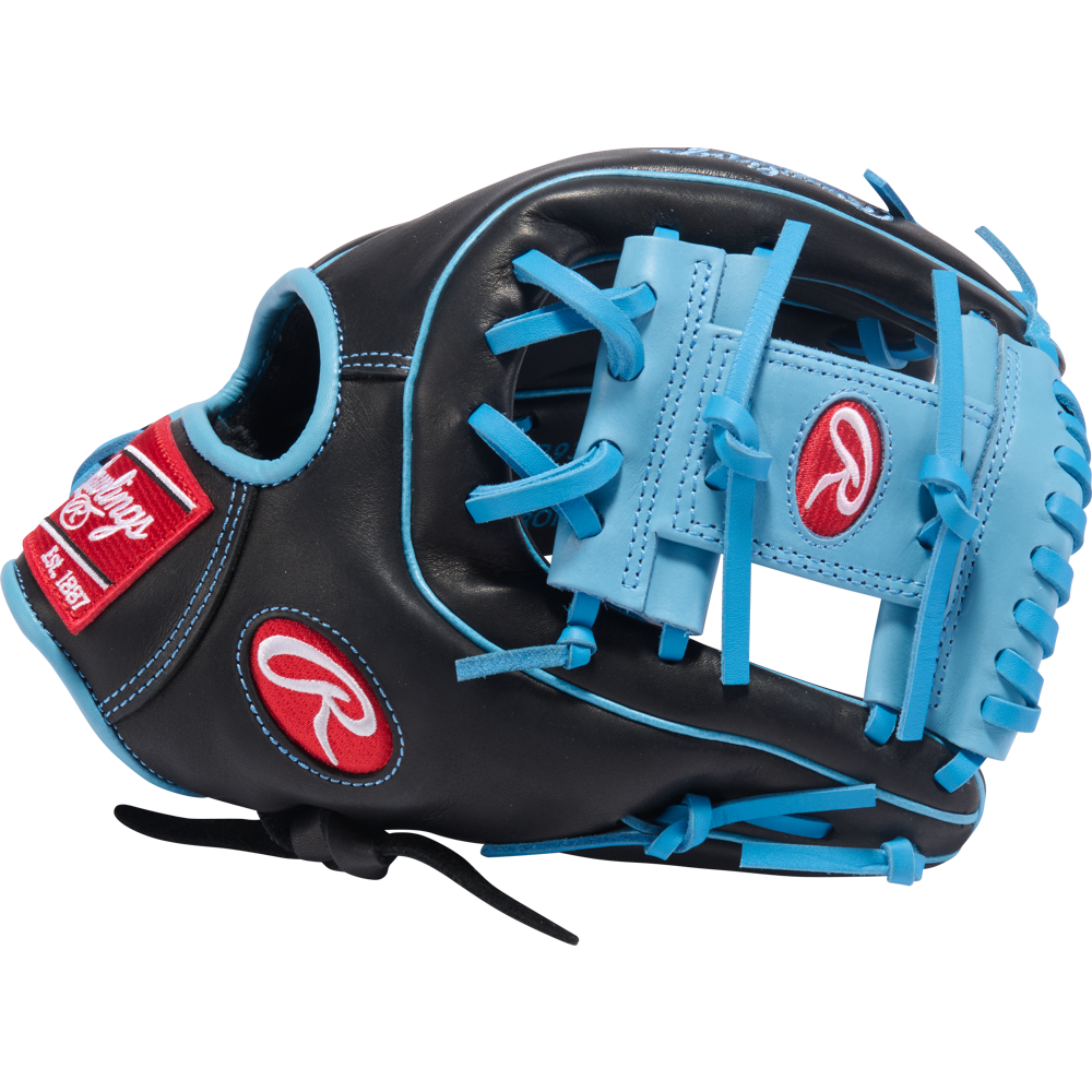 The Rawlings R9 11.5" Baseball Glove (R9314-2BCB) features a black design with bright blue laces and trim, plus red Rawlings logos on the strap and wrist. Ideal for youth players, it’s shown against a plain white background.