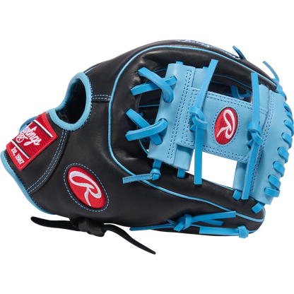 The Rawlings R9 11.5" Baseball Glove (R9314-2BCB) features a black design with bright blue laces and trim, plus red Rawlings logos on the strap and wrist. Ideal for youth players, it’s shown against a plain white background.