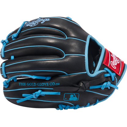 The Rawlings R9 11.5" Baseball Glove (R9314-2BCB) features a black design with blue laces, “THE GOLD GLOVE CO.” script, MLB logo, and red Rawlings patch—ideal as a youth baseball glove.