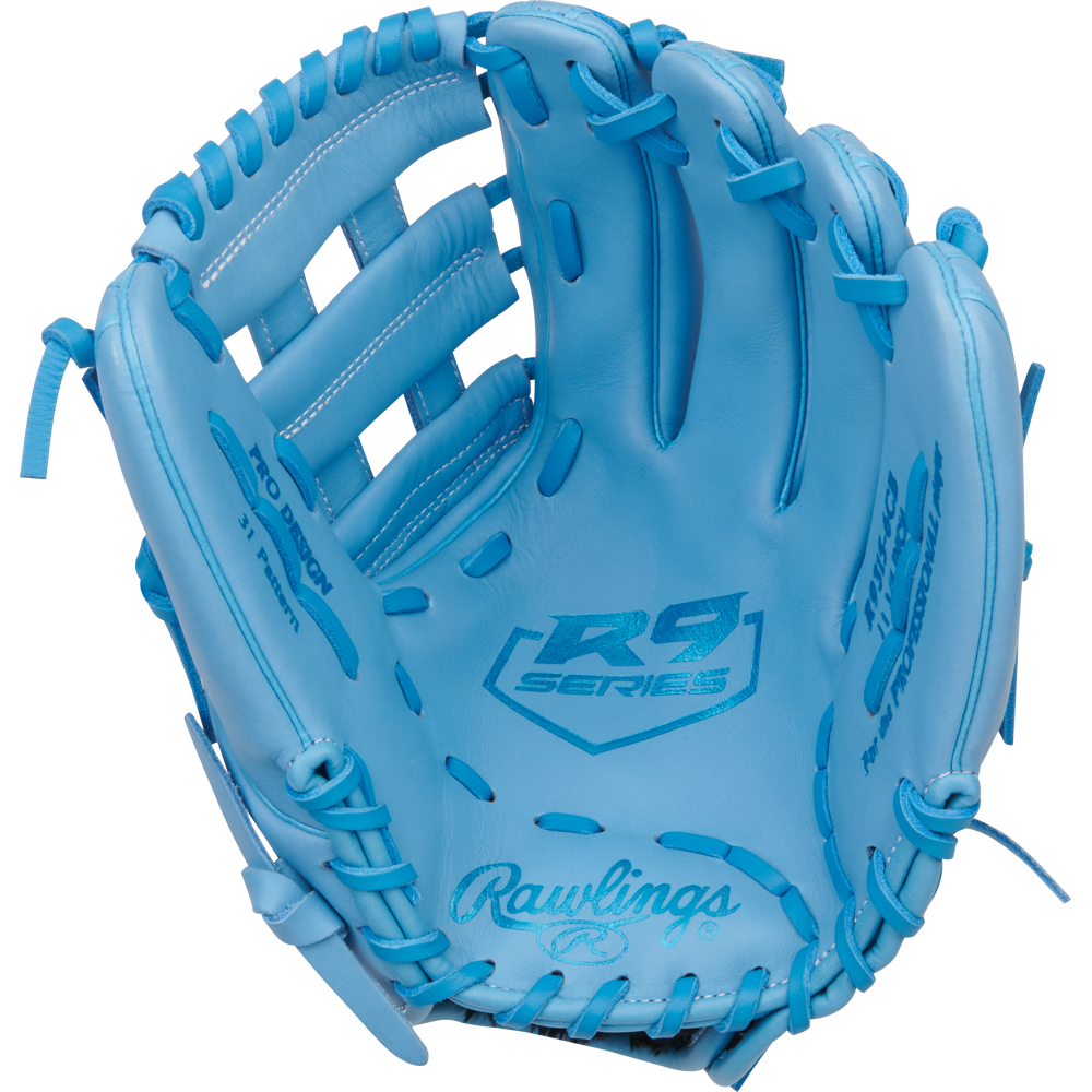 The Rawlings R9 11.75" Baseball Glove (R9315-6CB) is a light blue glove, displayed open with visible laces, detailed stitching, and Rawlings logos on the palm and thumb.