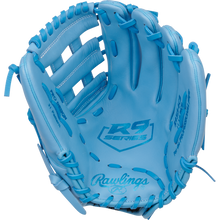 The Rawlings R9 11.75" Baseball Glove (R9315-6CB) is a light blue glove, displayed open with visible laces, detailed stitching, and Rawlings logos on the palm and thumb.