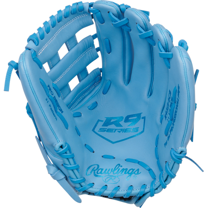 The Rawlings R9 11.75" Baseball Glove (R9315-6CB) is a light blue glove, displayed open with visible laces, detailed stitching, and Rawlings logos on the palm and thumb.