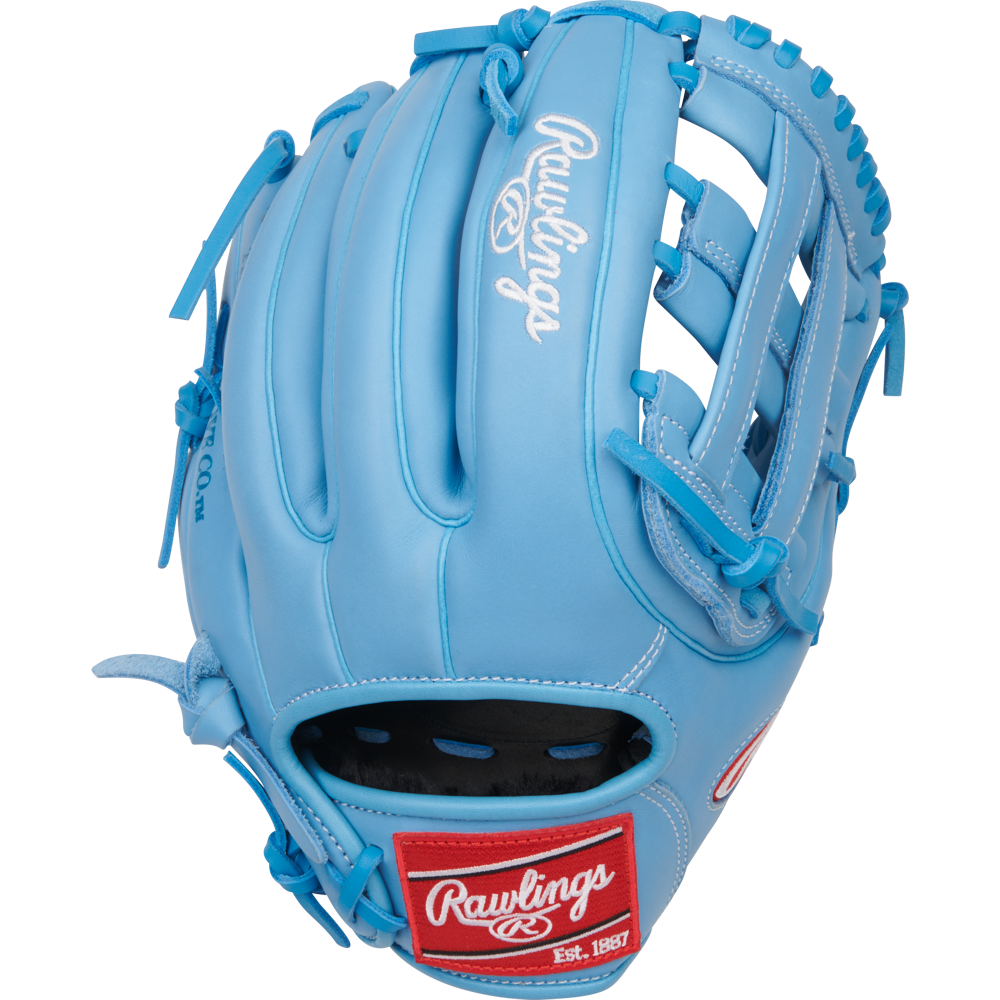 The Rawlings R9 11.75" Baseball Glove (R9315-6CB) features light blue leather, white stitching, lacing accents, and a red Rawlings wrist patch. Ideal as a youth infield glove, it appears new and unused.