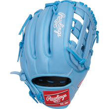 The Rawlings R9 11.75" Baseball Glove (R9315-6CB) features light blue leather, white stitching, lacing accents, and a red Rawlings wrist patch. Ideal as a youth infield glove, it appears new and unused.