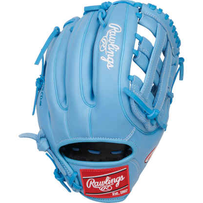 The Rawlings R9 11.75" Baseball Glove (R9315-6CB) features light blue leather, white stitching, lacing accents, and a red Rawlings wrist patch. Ideal as a youth infield glove, it appears new and unused.