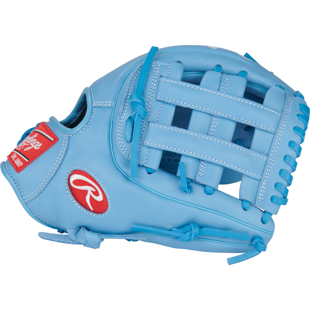 The Rawlings R9 11.75" Baseball Glove (R9315-6CB) is a light blue youth infield glove with a basket web, red logo patches, and blue lacing, shown on a white background.