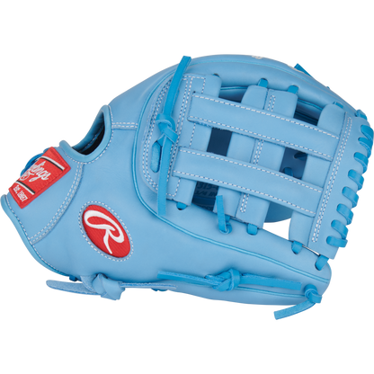 The Rawlings R9 11.75" Baseball Glove (R9315-6CB) is a light blue youth infield glove with a basket web, red logo patches, and blue lacing, shown on a white background.