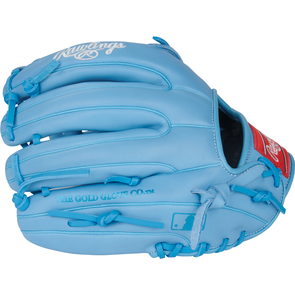 The Rawlings R9 11.75" Baseball Glove (R9315-6CB) features a light blue design with red and white Rawlings logos and "The Gold Glove Co." embossed on the side, shown against a plain white background.