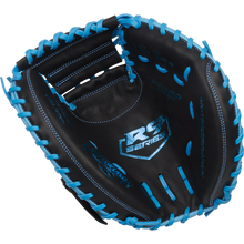 A Rawlings R9 32.5" catcher's mitt (R9CM325BCB) in black features bright blue laces and stitching, plus the RC Series logo in silver on the palm.