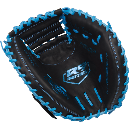 A Rawlings R9 32.5" catcher's mitt (R9CM325BCB) in black features bright blue laces and stitching, plus the RC Series logo in silver on the palm.