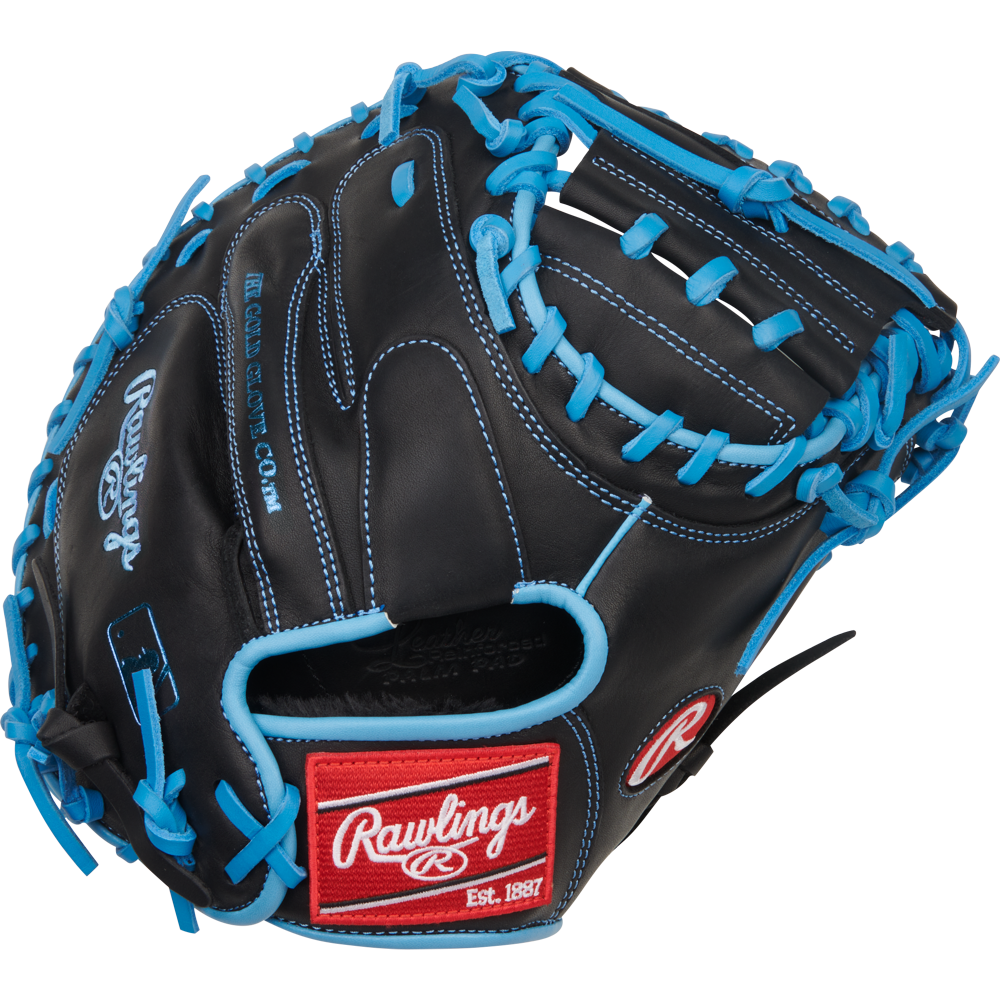 The Rawlings R9 32.5" Baseball Catcher's Mitt (R9CM325BCB) is a black youth catcher's mitt with bright blue laces, white stitching, an open web design, and a red and white Rawlings logo patch near the wrist.